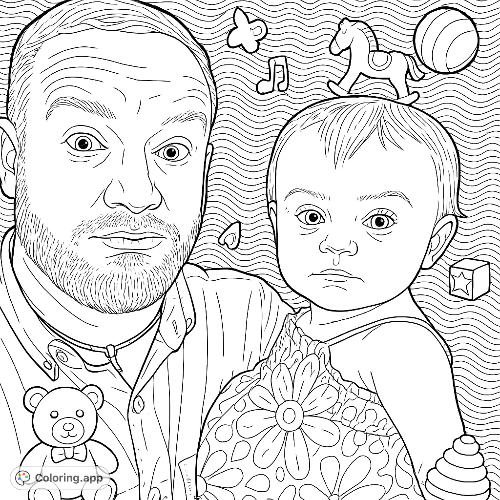 A highly detailed father and child coloring page with playful objects, intricate patterns, and a dynamic wave background. Perfect for family fun and creative expression.