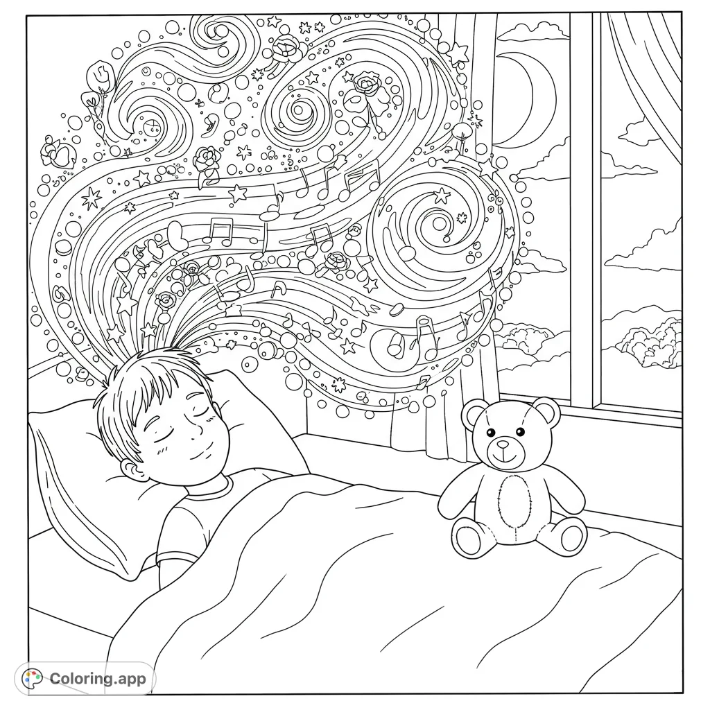 A boy's dreams swirl with stars, music, and lights as his teddy bear watches under a crescent moon. A magical journey awaits your colors.