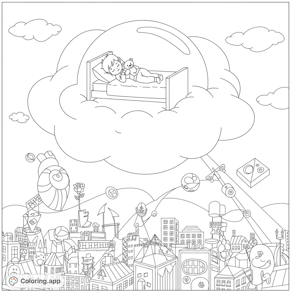 Soar into dreamland with a boy and his teddy bear on a floating bed, drifting above a city of rooftops and stages. A whimsical, free printable coloring page.