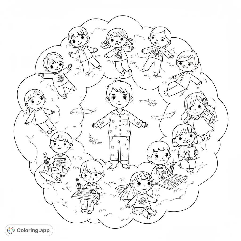 A heartwarming global dream coloring page featuring a boy inspiring children worldwide, depicted in a simple scene of shared imagination.