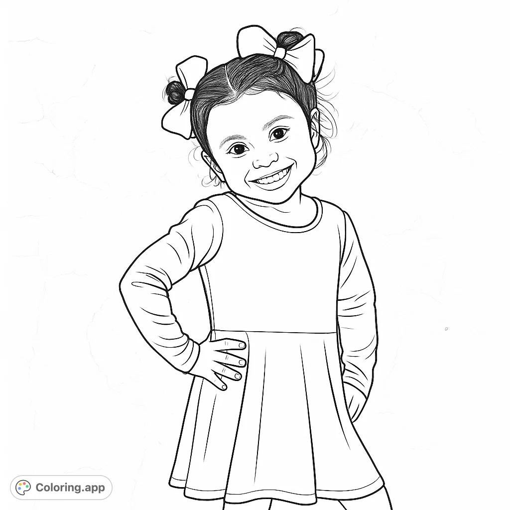 A delightful coloring page featuring a smiling young girl in a charming dress with large bows, perfect for creative expression and fun.