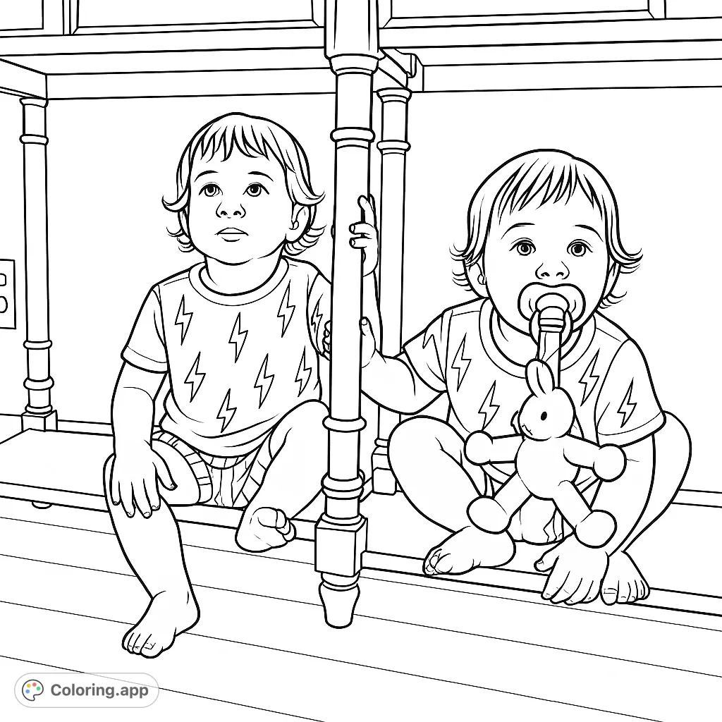 Two adorable toddlers exploring under a table, one with a pacifier and stuffed animal. A charming scene for a delightful coloring experience.