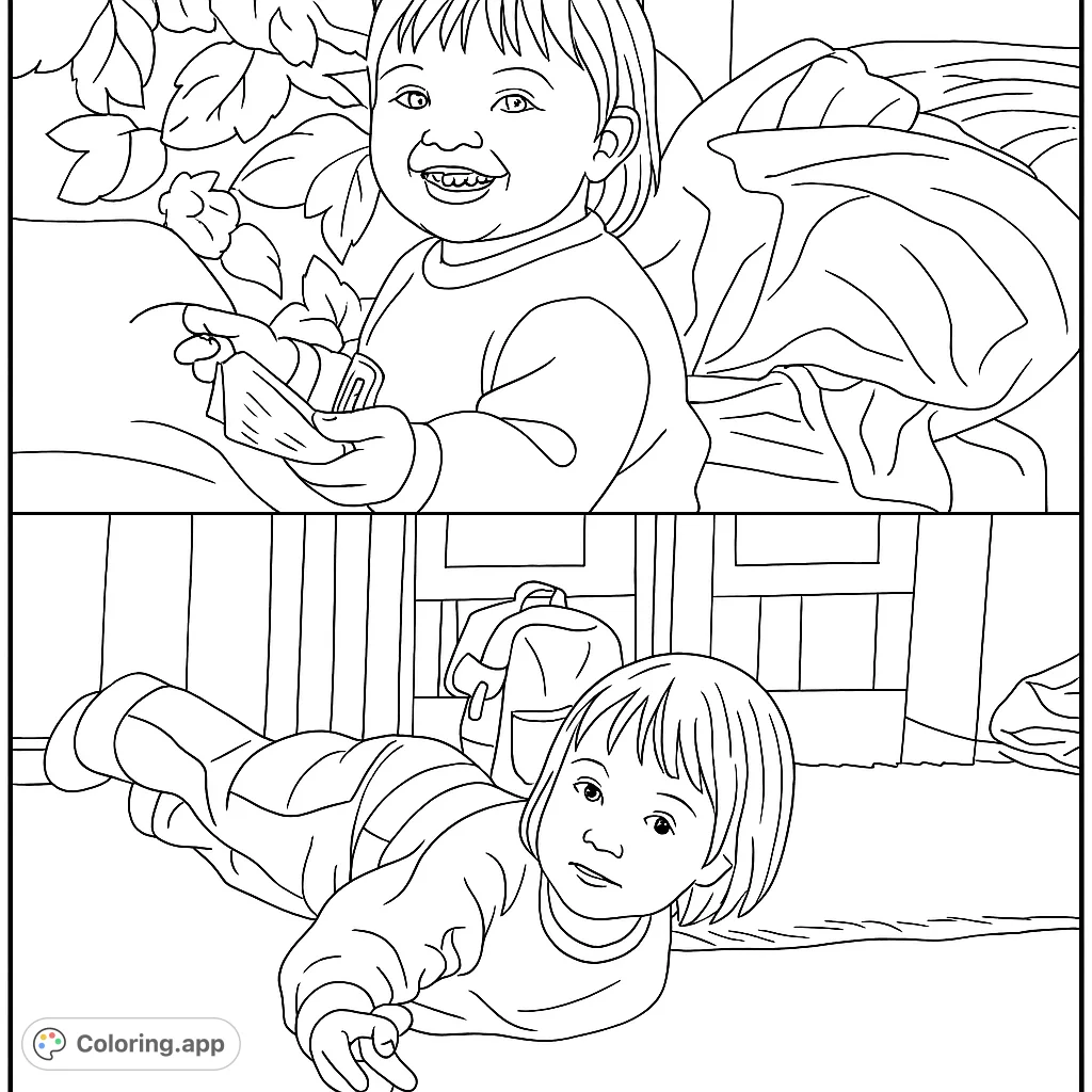 Two heartwarming scenes of a playful child, perfect for a nostalgic coloring experience. Capture joyful moments and everyday charm.