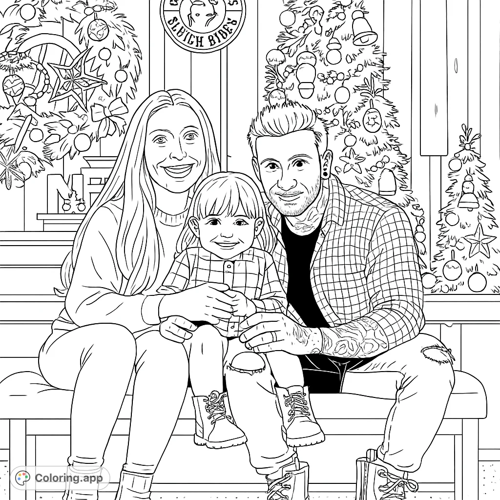 Capture the warmth of a family moment amidst festive decorations. This holiday-themed coloring page features a loving family portrait, perfect for all ages.
