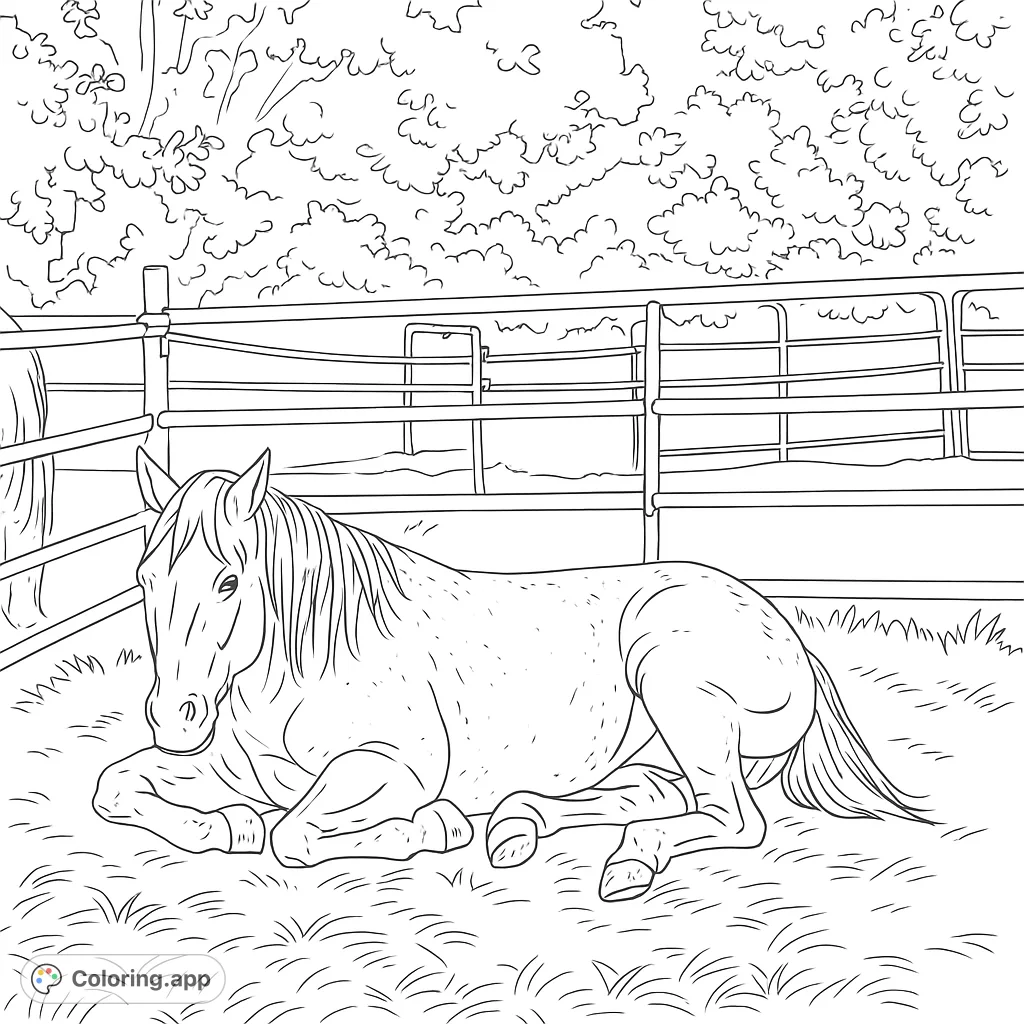 A serene horse rests in a paddock, offering a peaceful scene for coloring. Perfect for animal lovers to bring to life with their favorite shades.