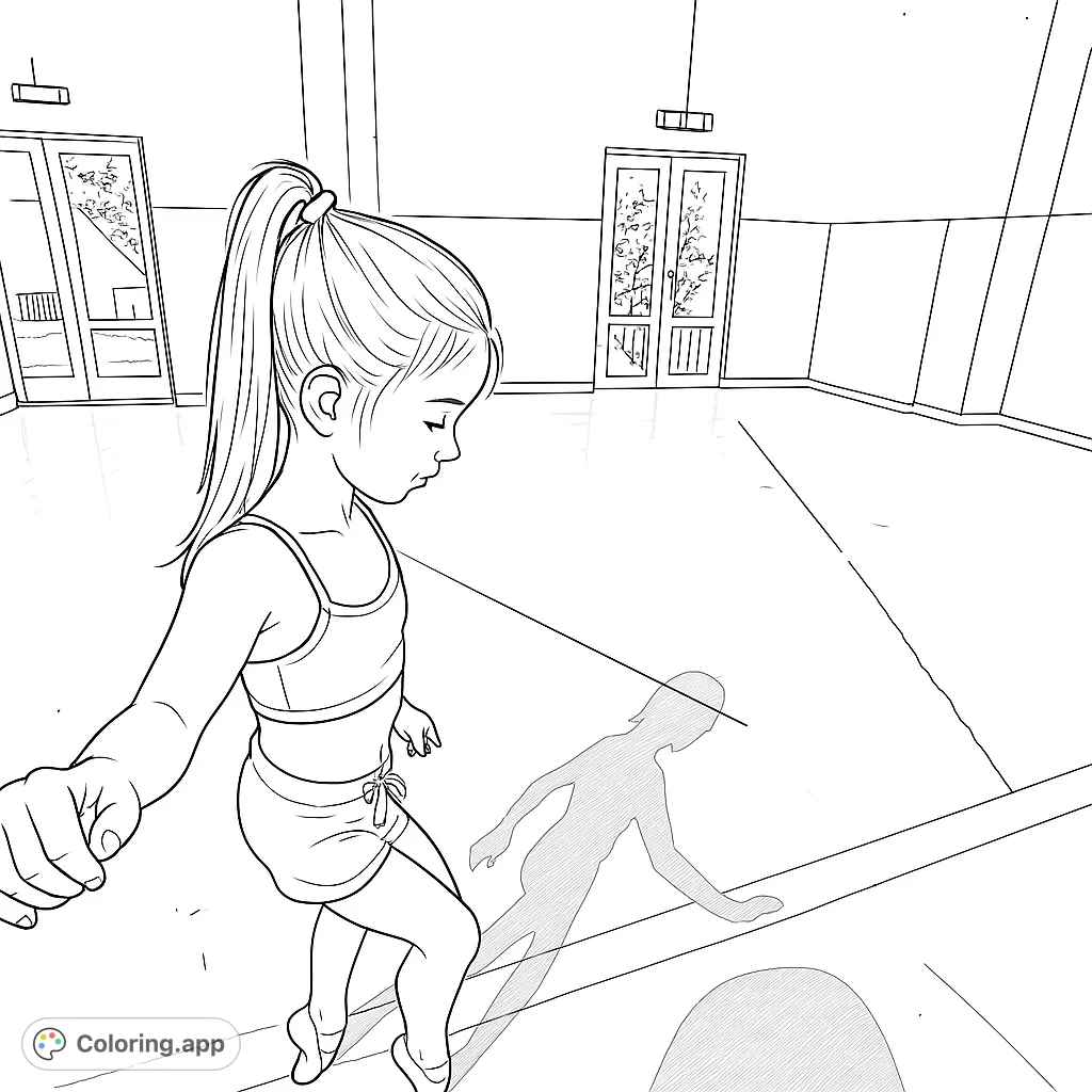 A dynamic coloring page featuring a young girl in a dance pose within a gymnasium, perfect for aspiring dancers and sports enthusiasts.