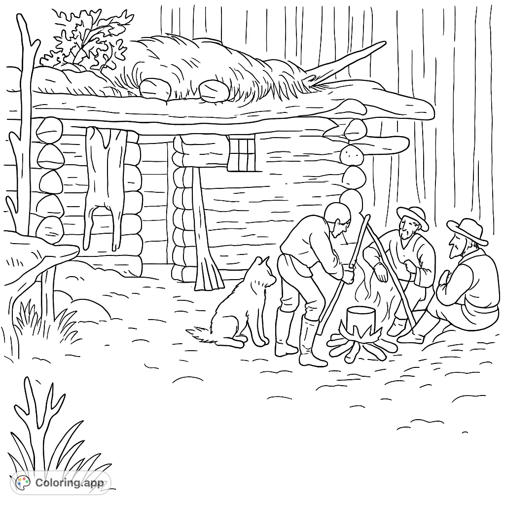 Explore a historical forest scene featuring a rustic log cabin, three figures, and two dogs gathered around a warm campfire.