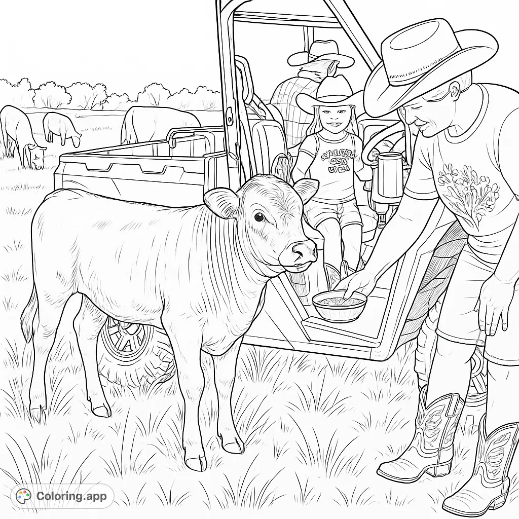 A heartwarming farm scene featuring a calf being fed by hand, with a child observing from a utility vehicle. Perfect for animal lovers.