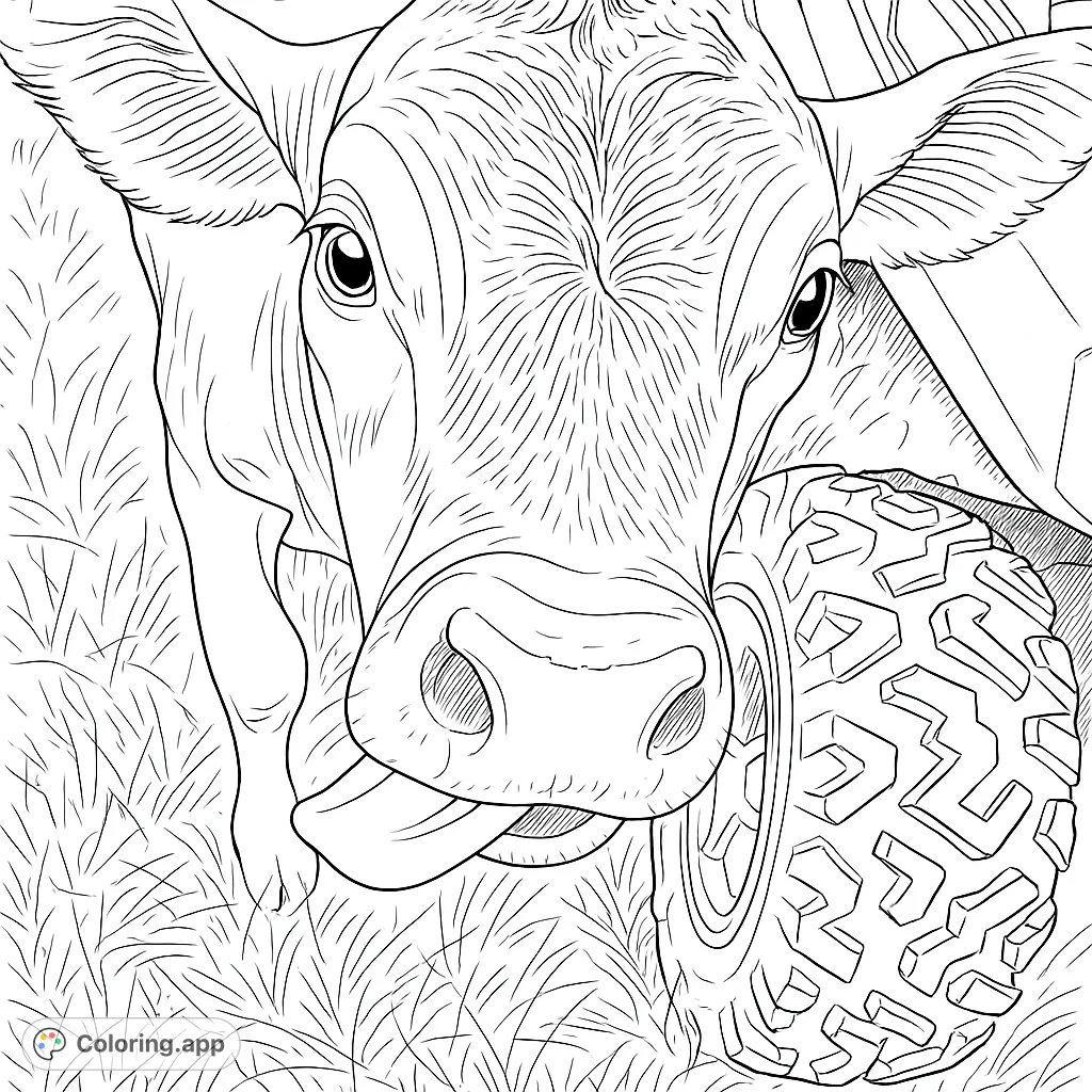 A charming calf with its tongue playfully extended, set against a grassy field and a vehicle tire. A delightful farm animal coloring page.