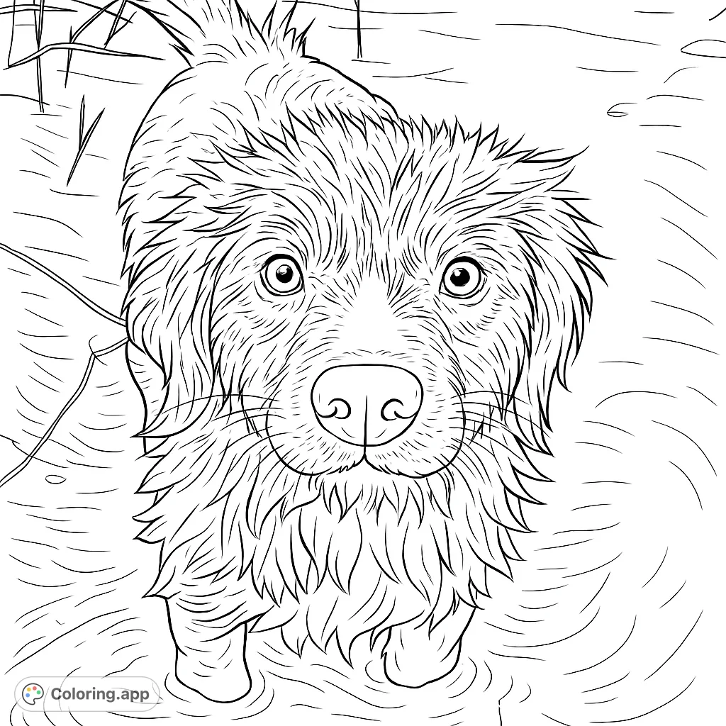 Capture the charm of a wet dog with expressive eyes and textured fur standing in water. A delightful animal coloring page for all ages.