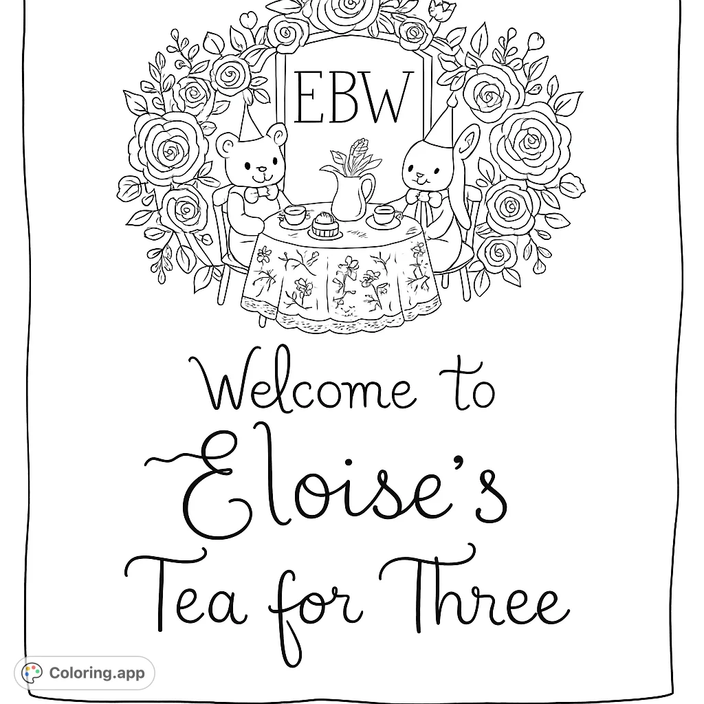 Join a charming teddy bear and bunny for a delightful tea party, surrounded by a beautiful floral wreath. A whimsical scene perfect for creative coloring fun!