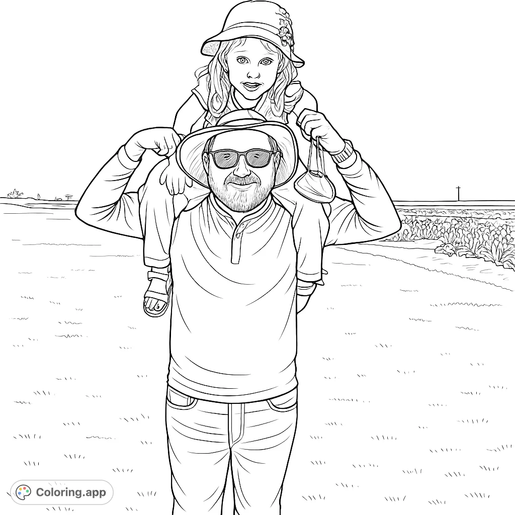 Capture a heartwarming moment of a father giving his child a shoulder ride in a vast field of blooming flowers. A joyful outdoor adventure scene.