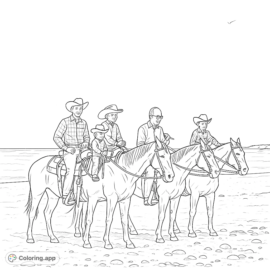 Enjoy a serene beach horseback riding coloring page. Four riders on their horses by the ocean, perfect for a relaxing coloring session.