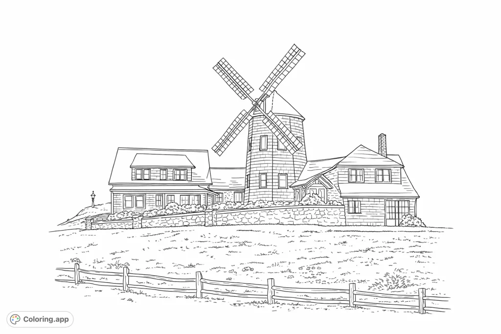 Color a grand windmill residence atop a hill, featuring detailed architecture, expansive grounds, and a charming fence. Perfect for history and architecture enthusiasts.