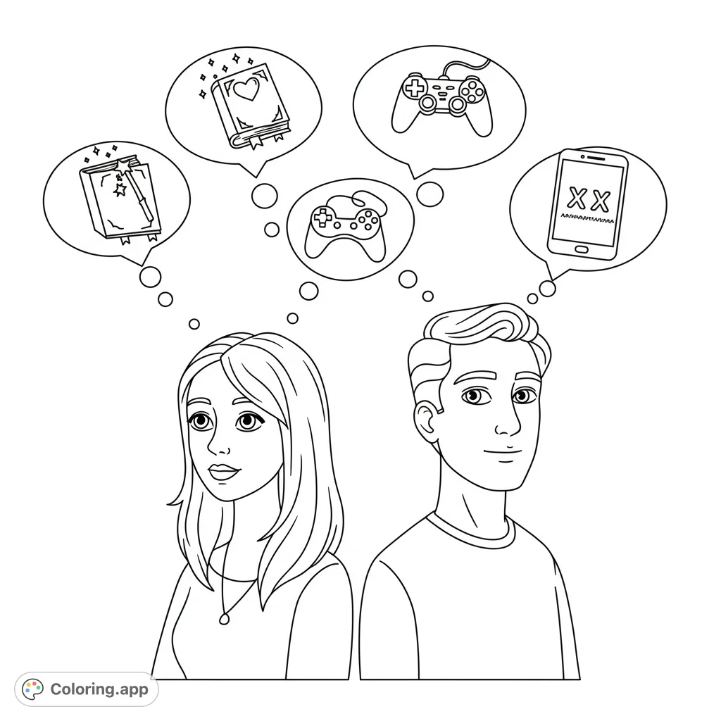 A thoughtful couple with four unique thought bubbles above their heads, featuring a book, TV, game controller, and smartphone. An imaginative coloring page.