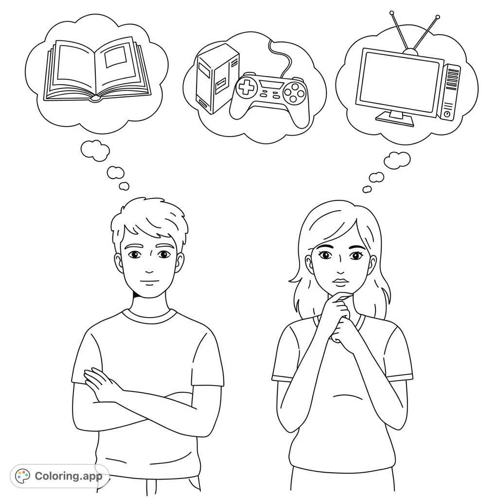 Explore a unique coloring page featuring a man and woman with thought bubbles containing a book, computer, game controller, and TV. Perfect for reflection.