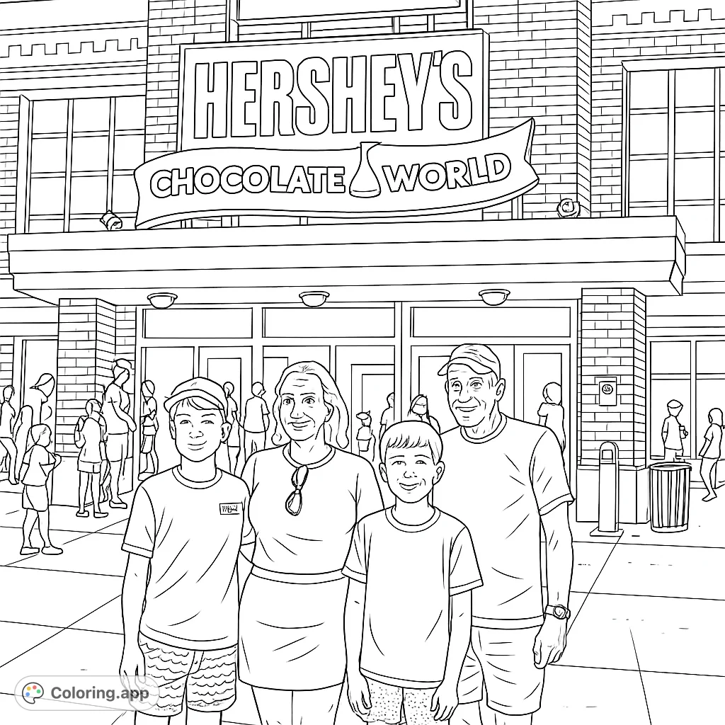 Step into a sweet adventure! This Hershey's Chocolate World coloring page features a family visit to the iconic building, perfect for all ages.
