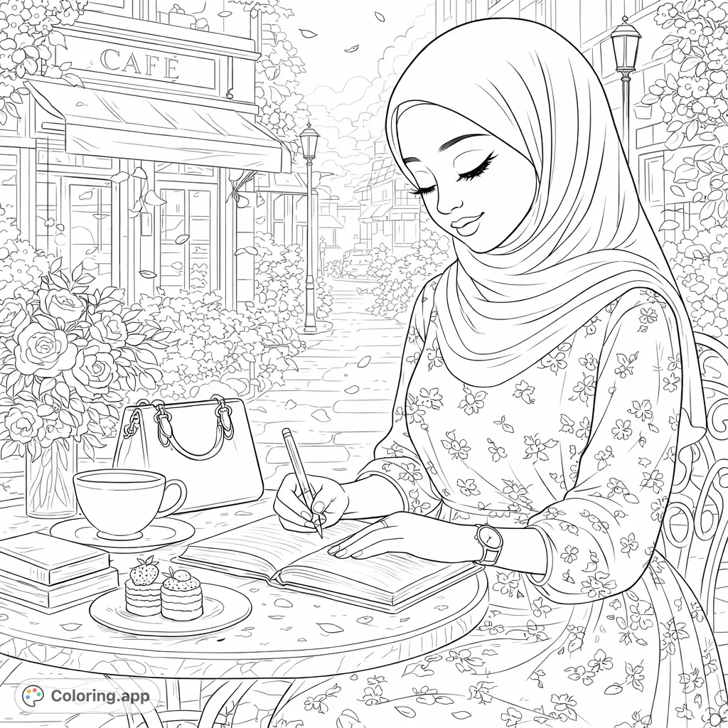 Color a serene Parisian cafe scene featuring a woman writing in her journal, surrounded by flowers, pastries, and charming street views. Perfect for mindful creativity.