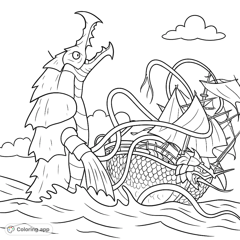 A colossal sea monster battles a sailing ship in a dramatic ocean scene. Perfect for fantasy and adventure fans.