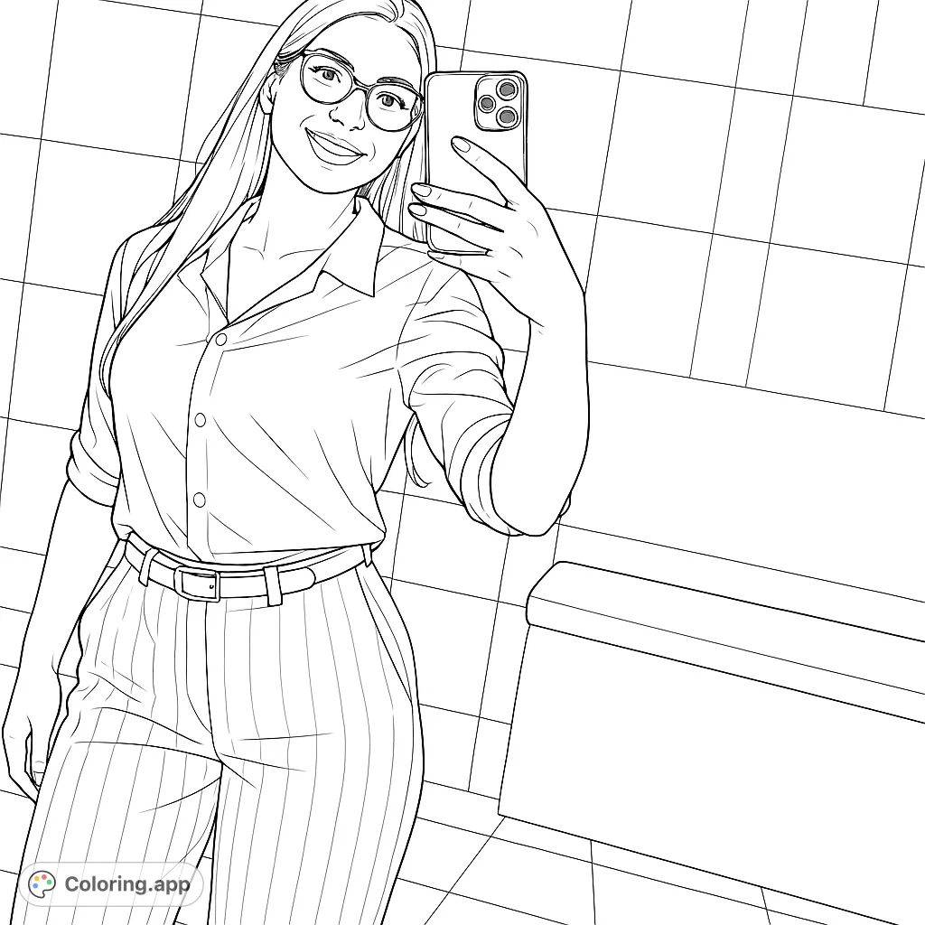 Capture a modern moment with this stylish portrait coloring page. Features a person taking a mirror selfie, perfect for fashion and everyday life themes.