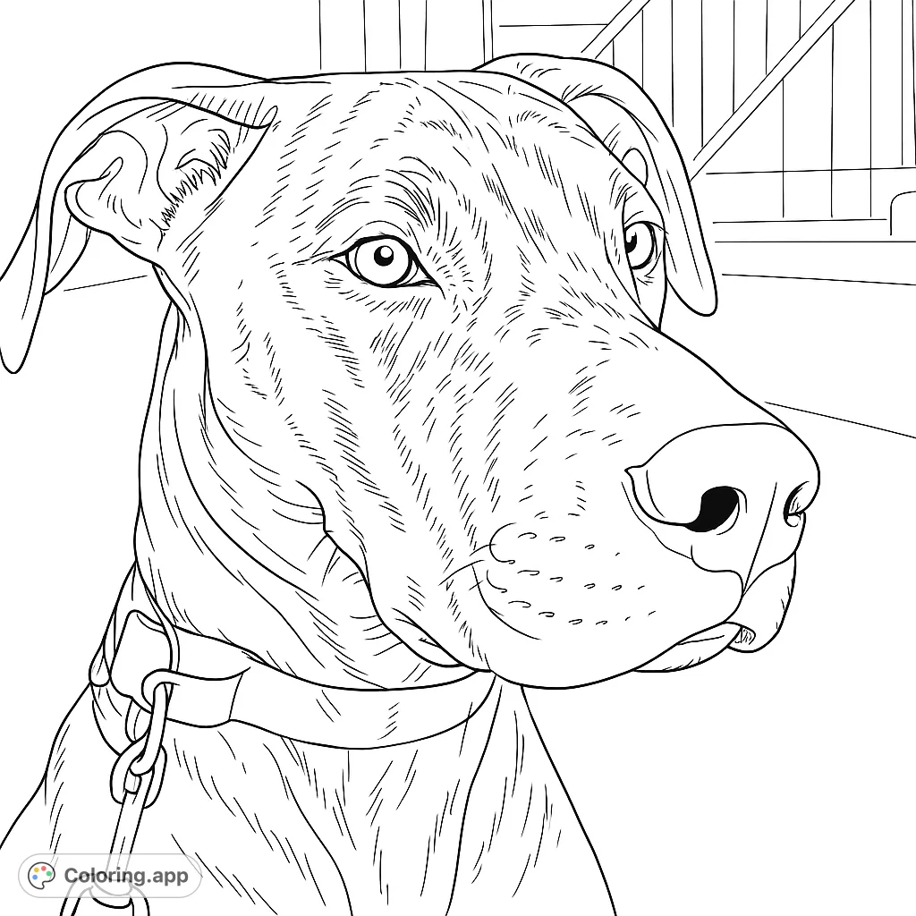 A detailed brindle dog portrait, perfect for animal lovers. Explore intricate fur patterns and expressive features in this free printable coloring page.