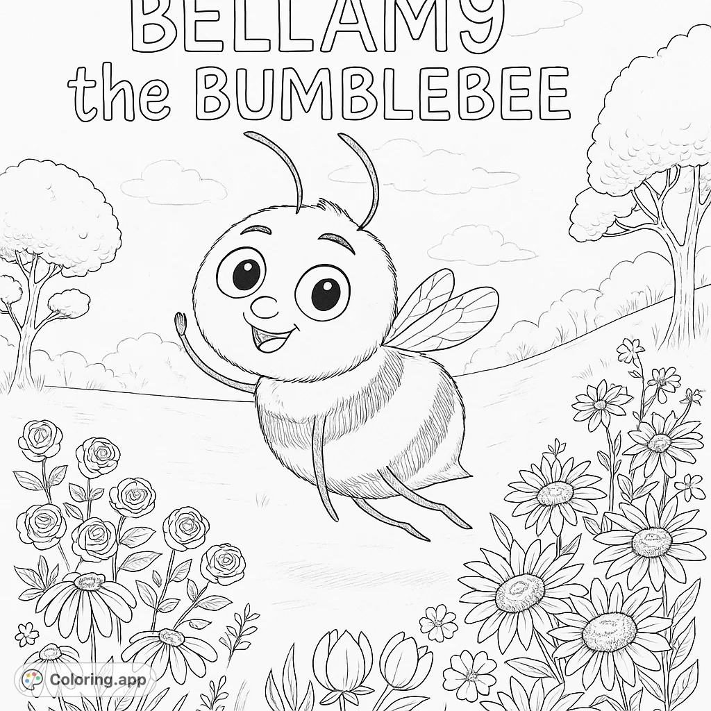 A delightful bumblebee flits through a vibrant flower field under a cloudy sky. Perfect for a fun and engaging coloring experience for all ages.