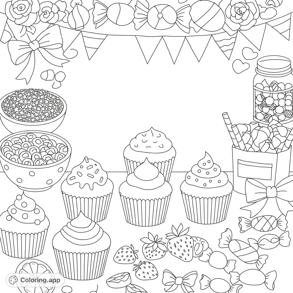 A delightful cupcake decorating station featuring blank cupcakes and an assortment of toppings like sprinkles, strawberry slices, and whipped cream, ready for your creative touch.