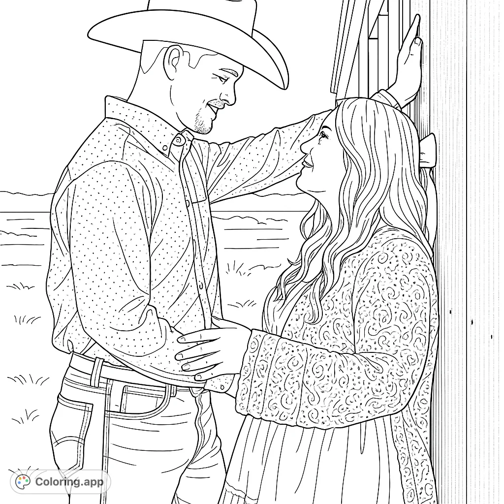 A tender moment between a cowboy and a woman in a rustic setting. This romantic country coloring page is perfect for expressing love and creativity.