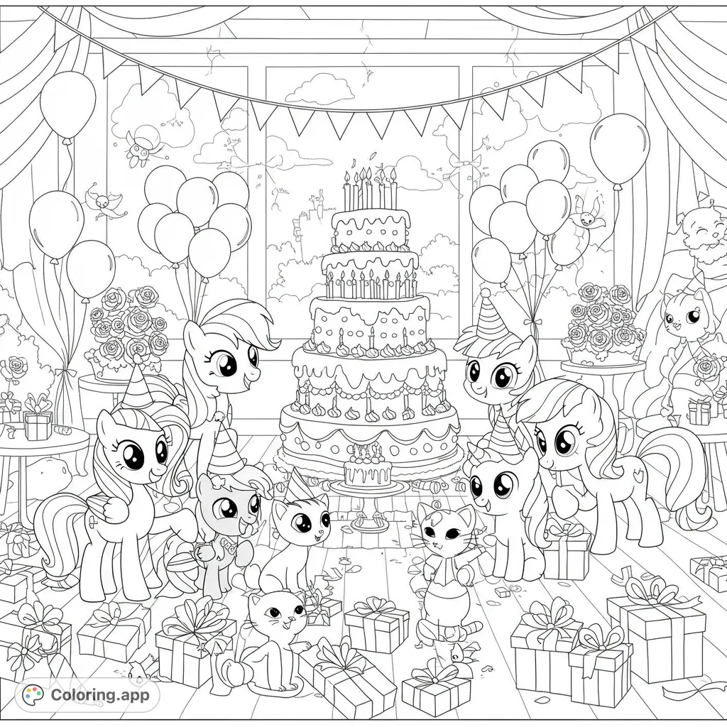 A delightful birthday party scene with playful ponies, cute cats in party hats, a grand cake, balloons, and gifts. Perfect for a festive coloring adventure!