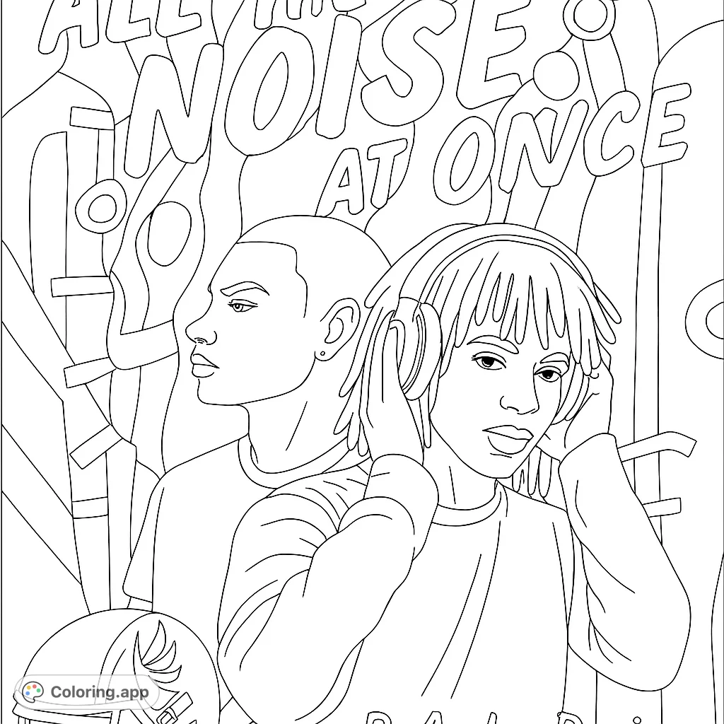Color a dynamic scene featuring two young individuals, one with headphones and another with a football helmet, set against an abstract background.
