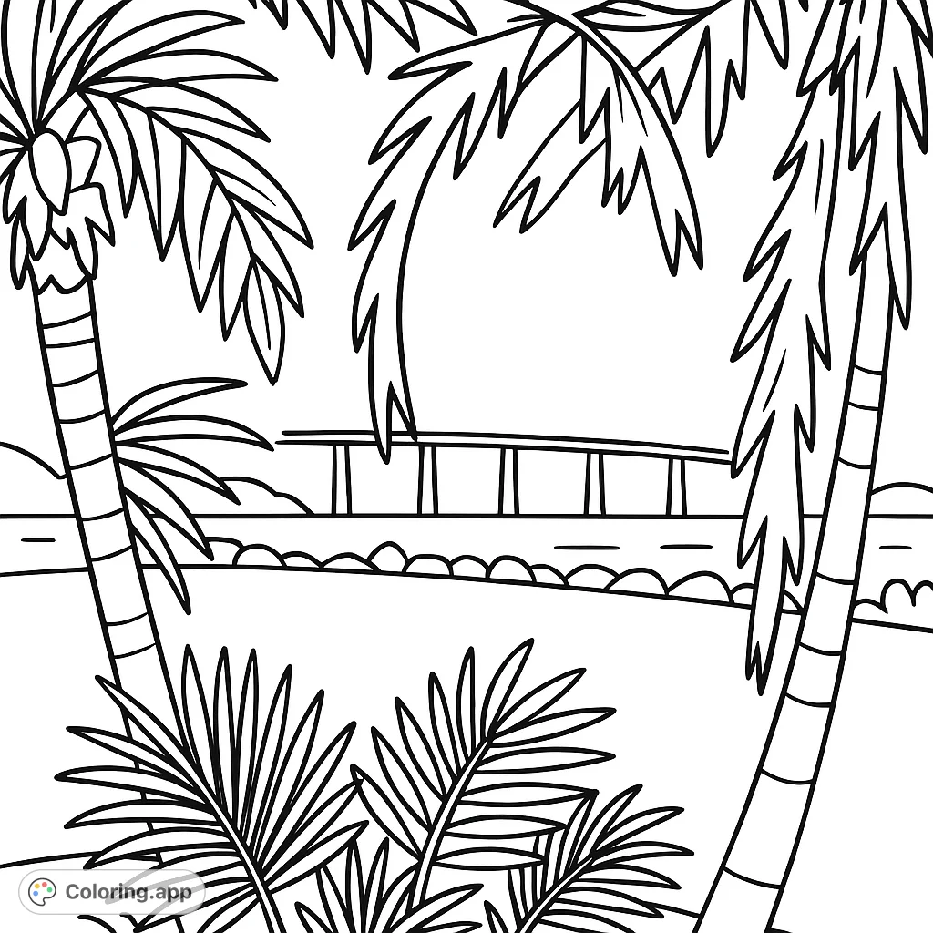 A serene coastal scene featuring palm trees framing a view of a long bridge over water. A simple, cartoony design perfect for a relaxing coloring experience.