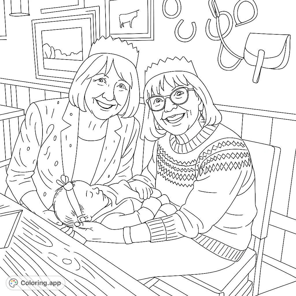 A heartwarming scene of two women and a baby at a festive gathering, perfect for a family celebration coloring page.