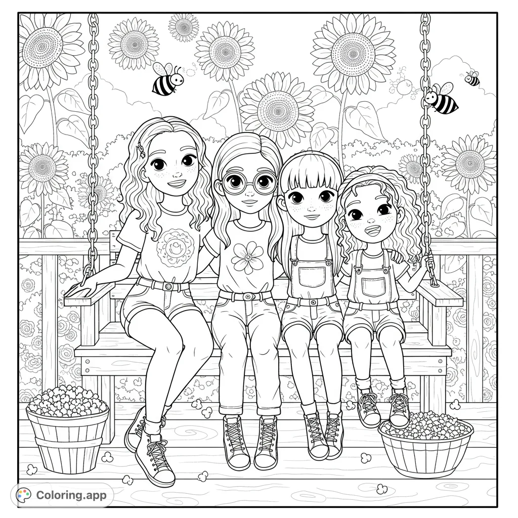 A heartwarming scene of three sisters on a porch swing, surrounded by cheerful sunflowers and playful bees. Perfect for family-themed coloring fun.