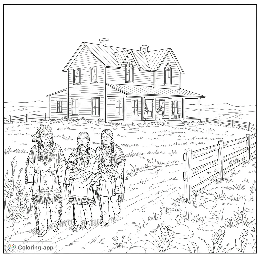 A poignant scene unfolds as Native Americans bring a sick boy to a Nebraska farmhouse, depicting a moment of compassion and aid on the vast prairie.