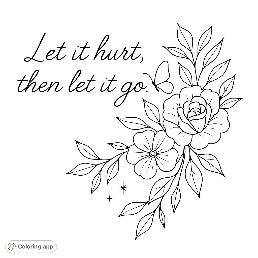 An elegant floral design featuring a rose, butterfly, and inspirational script. A beautiful and meaningful coloring page for reflection and creativity.