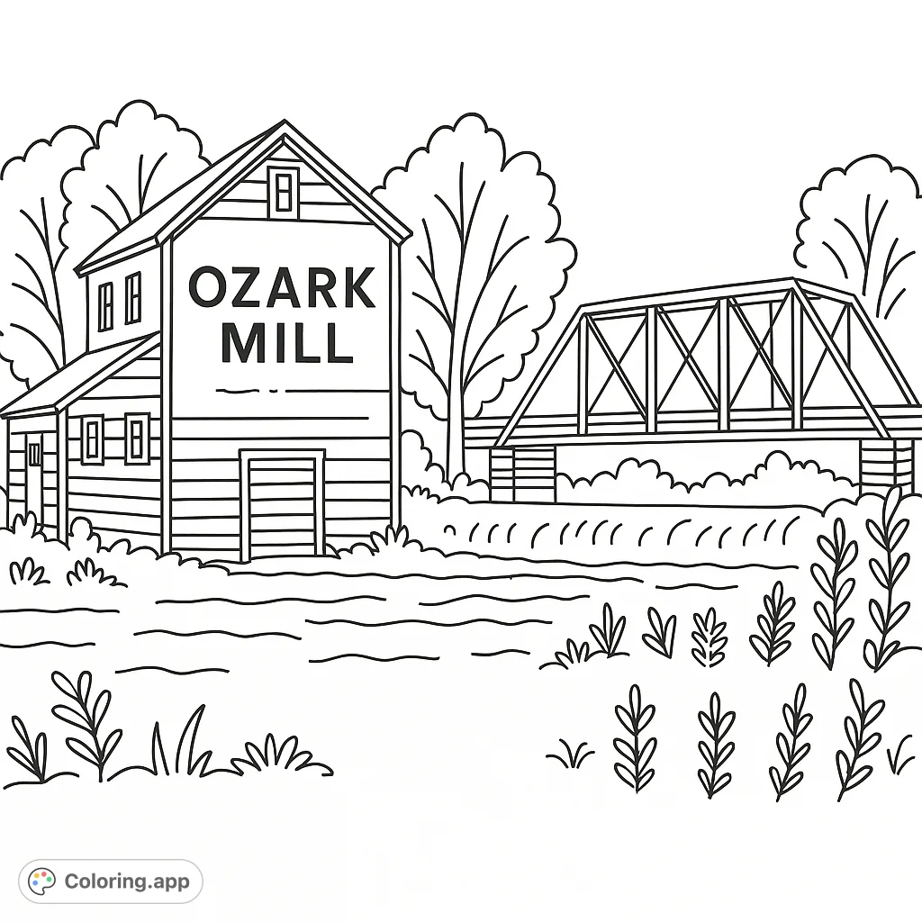 Color a charming rustic scene featuring an old mill building, a classic truss bridge, and natural landscape elements. Perfect for all ages.