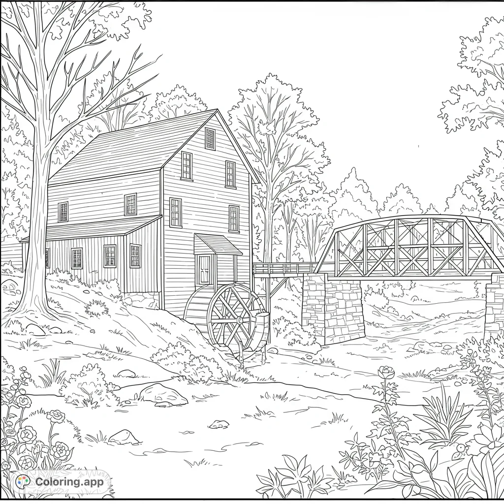 Explore a charming rustic mill and sturdy truss bridge nestled in a natural landscape. A detailed scene perfect for creative coloring.