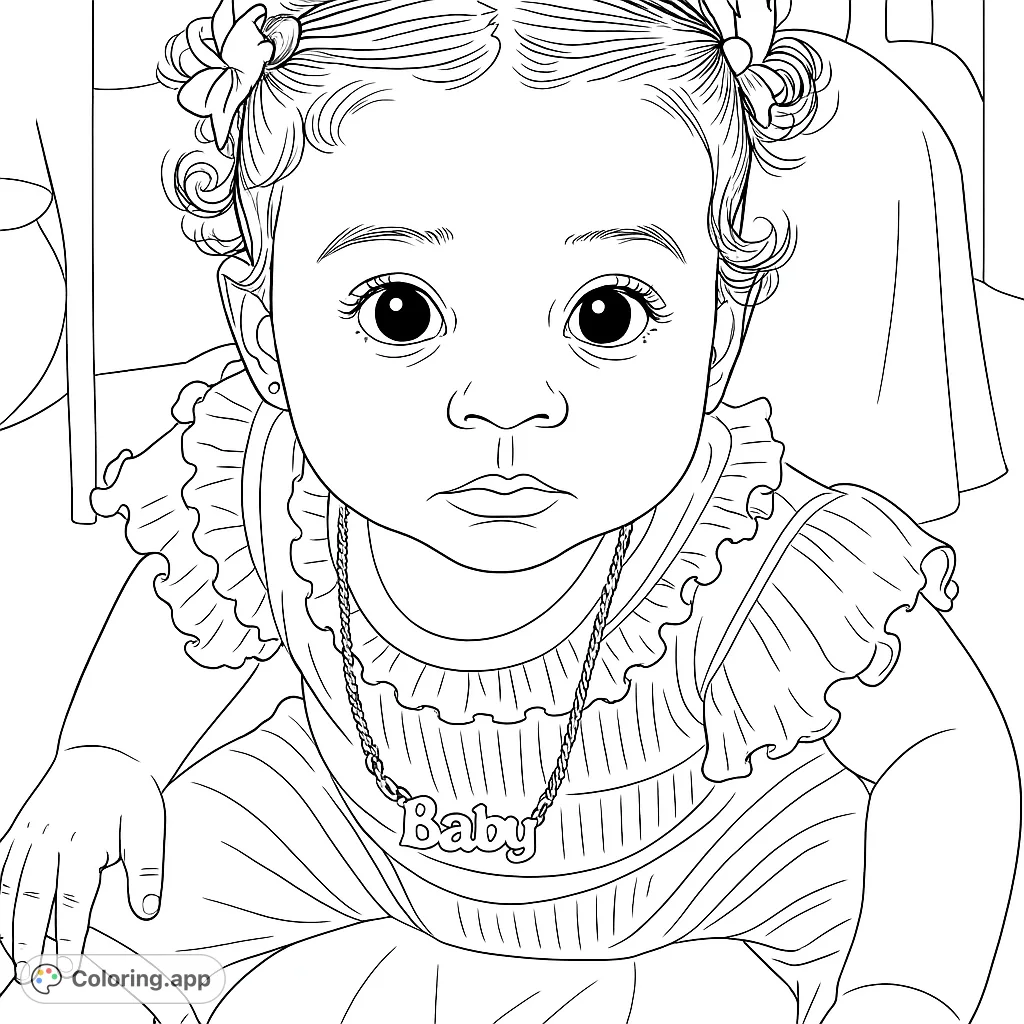 An adorable baby portrait coloring page featuring a sweet infant with expressive eyes, charming hair buns, and a cute ruffled outfit.
