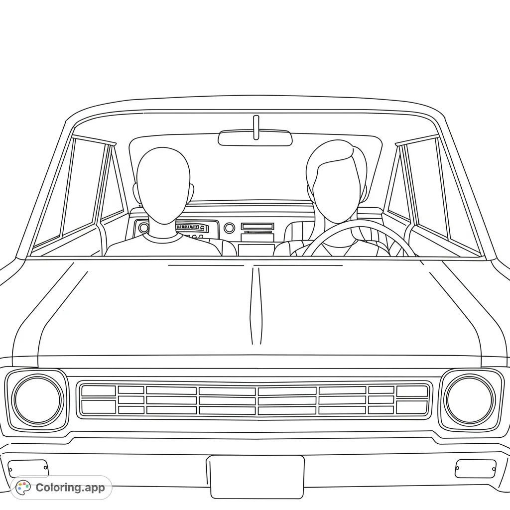 Color a classic Chevrolet Nova interior with two distinct figures, a taller driver and a passenger, viewed through the windshield. Perfect for car enthusiasts!