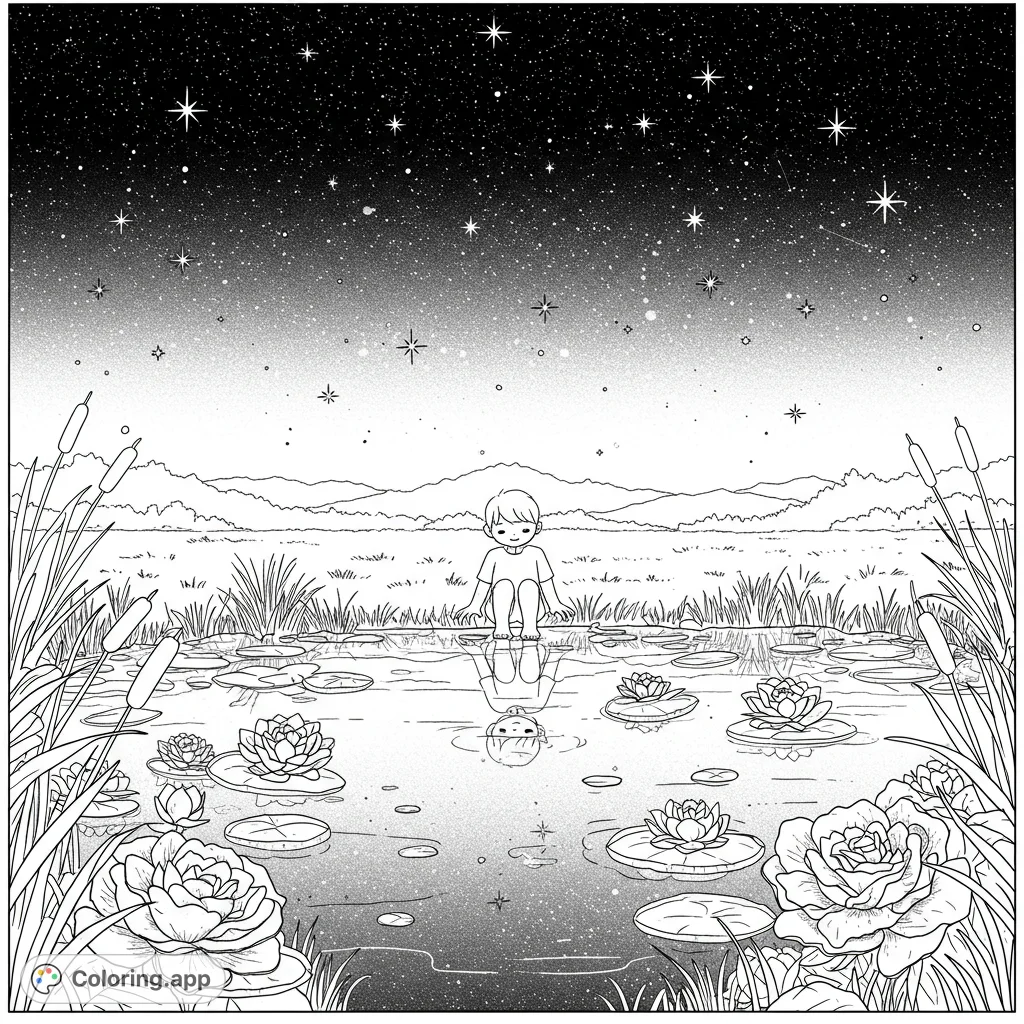 A serene child sits by a tranquil pond, surrounded by blooming flowers and a sky filled with stars, creating a peaceful and reflective scene.