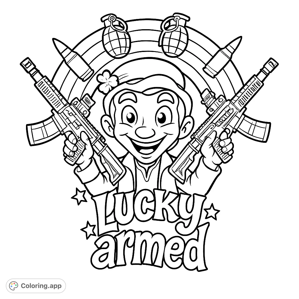 A whimsical yet edgy character holding firearms under a rainbow, with grenades and bullets. A unique blend of fantasy and tactical themes.