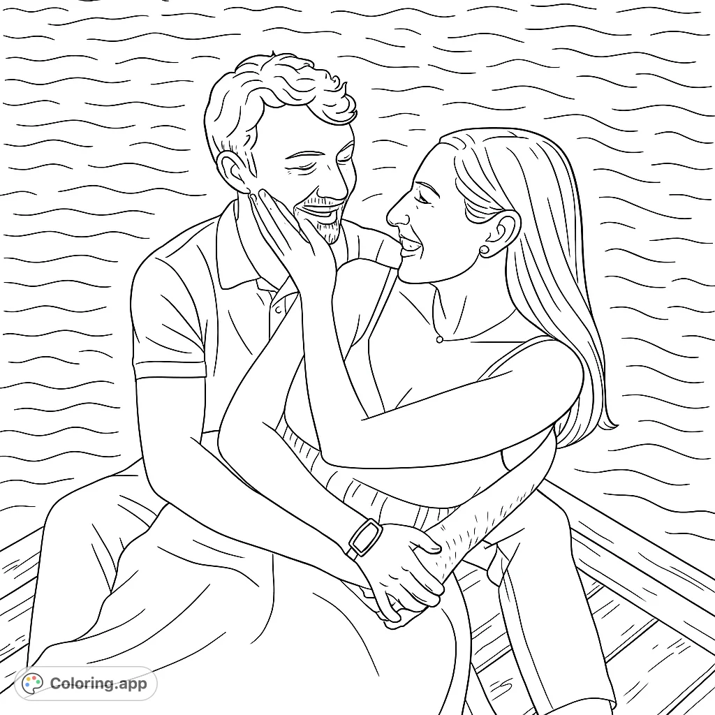 Capture a tender moment between a couple on a dock. This romantic scene offers a peaceful escape, perfect for expressing affection through color.