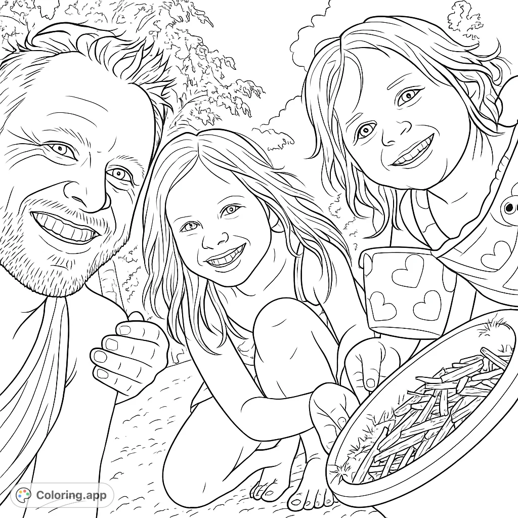 Capture joyful family moments at the beach! This free printable coloring page features a smiling dad and two happy kids enjoying a sunny day by the water.