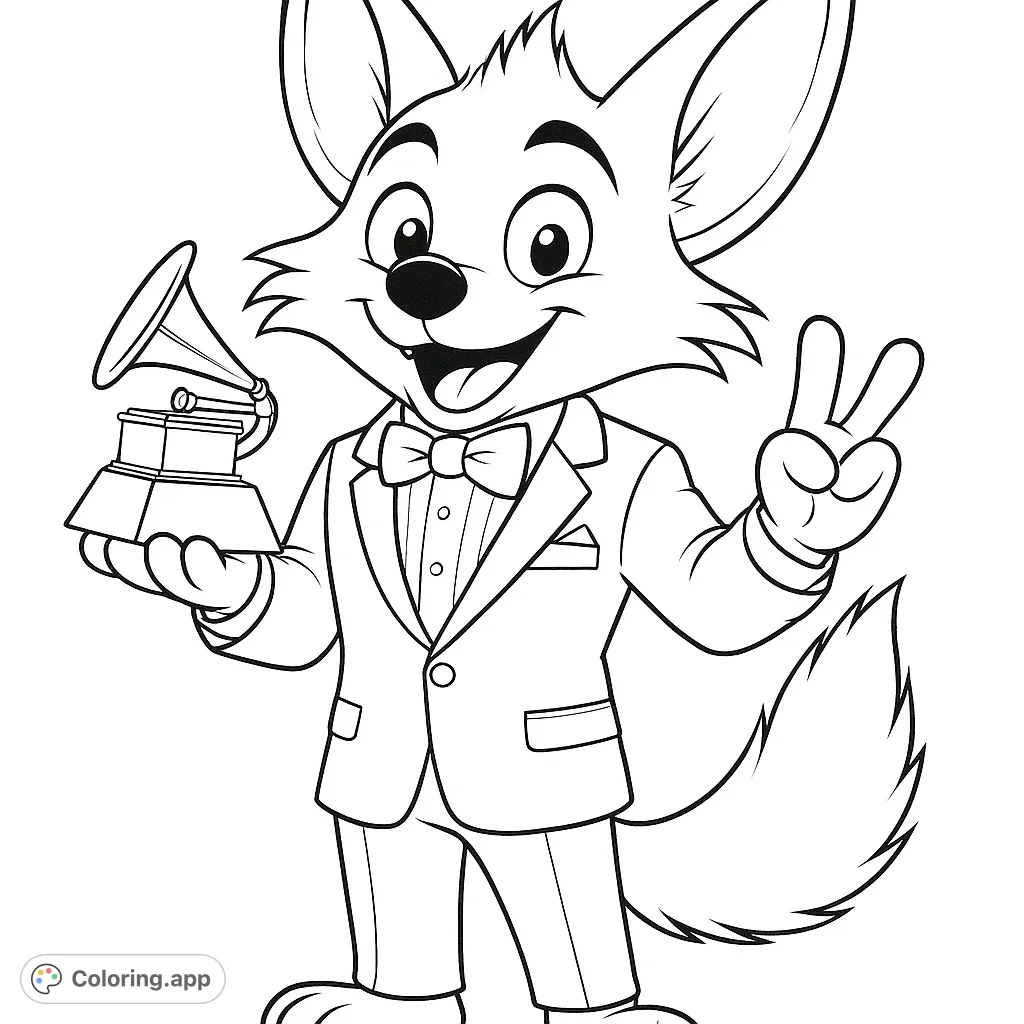 A dapper fox in a tuxedo celebrates with a trophy and a peace sign. Perfect for fans of charming animal characters and celebratory scenes.