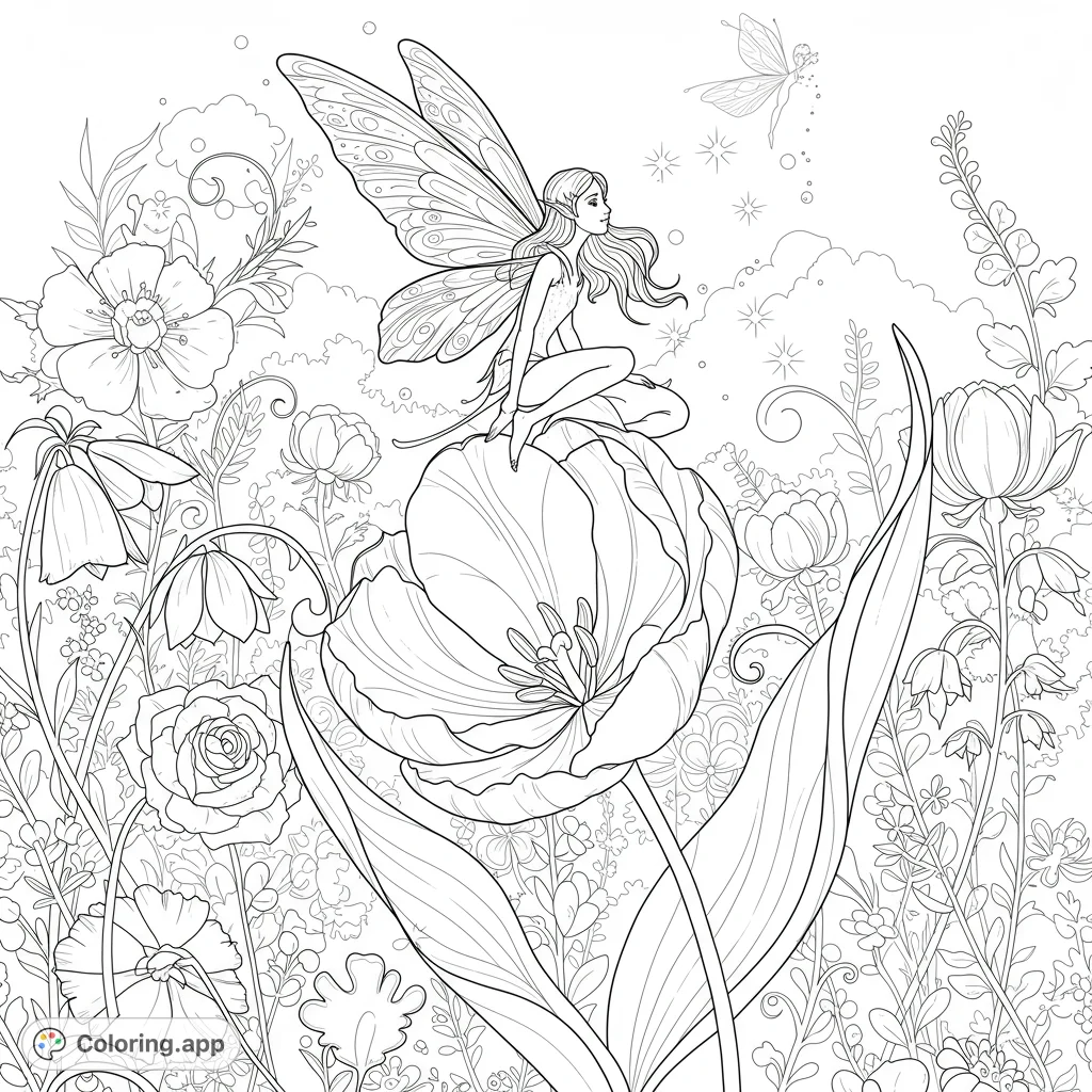 A magical fairy gracefully rests on a blooming tulip amidst a whimsical garden, inviting enchanting coloring. Perfect for fantasy lovers.