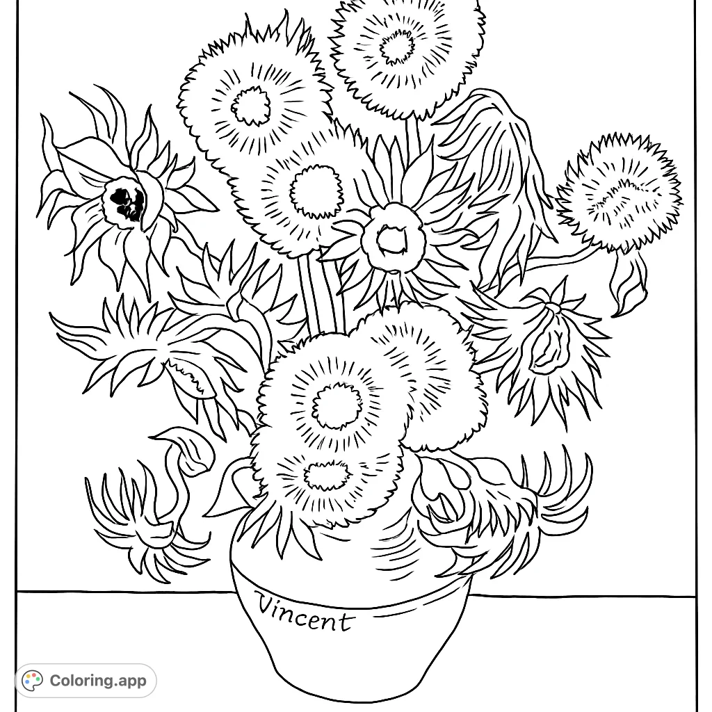 A beautiful sunflower bouquet in a vase, perfect for a relaxing and detailed coloring experience. Explore intricate floral patterns.