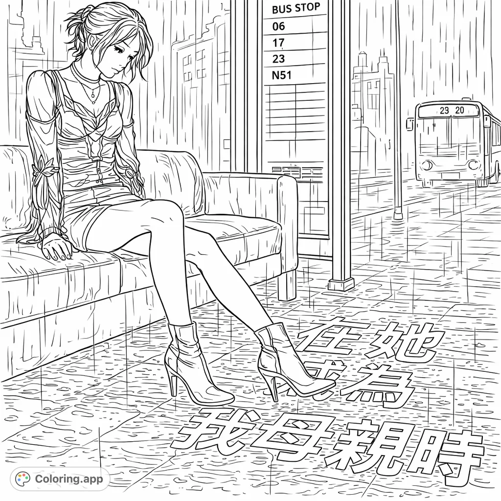 Capture the contemplative mood of a woman waiting at a rainy city bus stop. Detailed clothing, urban backdrop, and reflective surfaces invite thoughtful coloring.