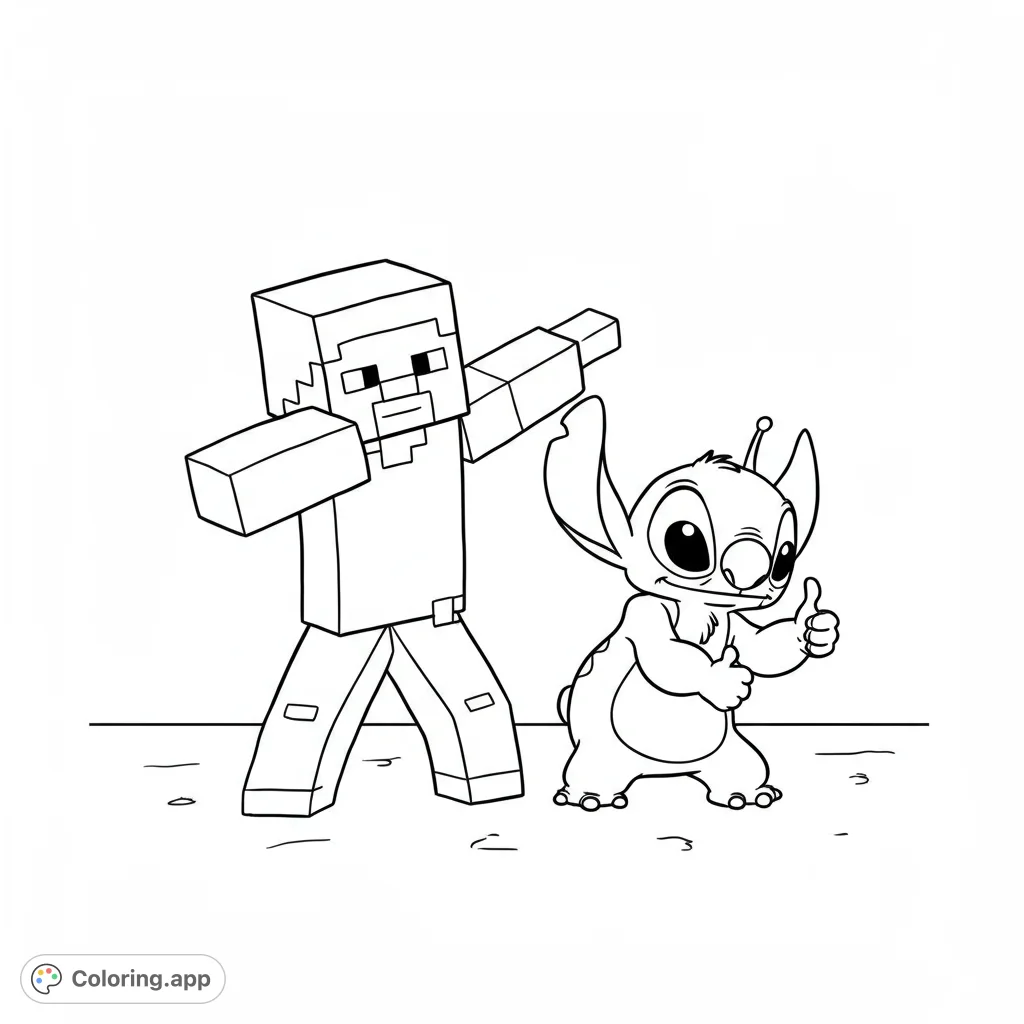 Join Steve from Minecraft in a dab pose with Stitch giving a thumbs up! A fun, free printable coloring page for fans of both iconic characters.