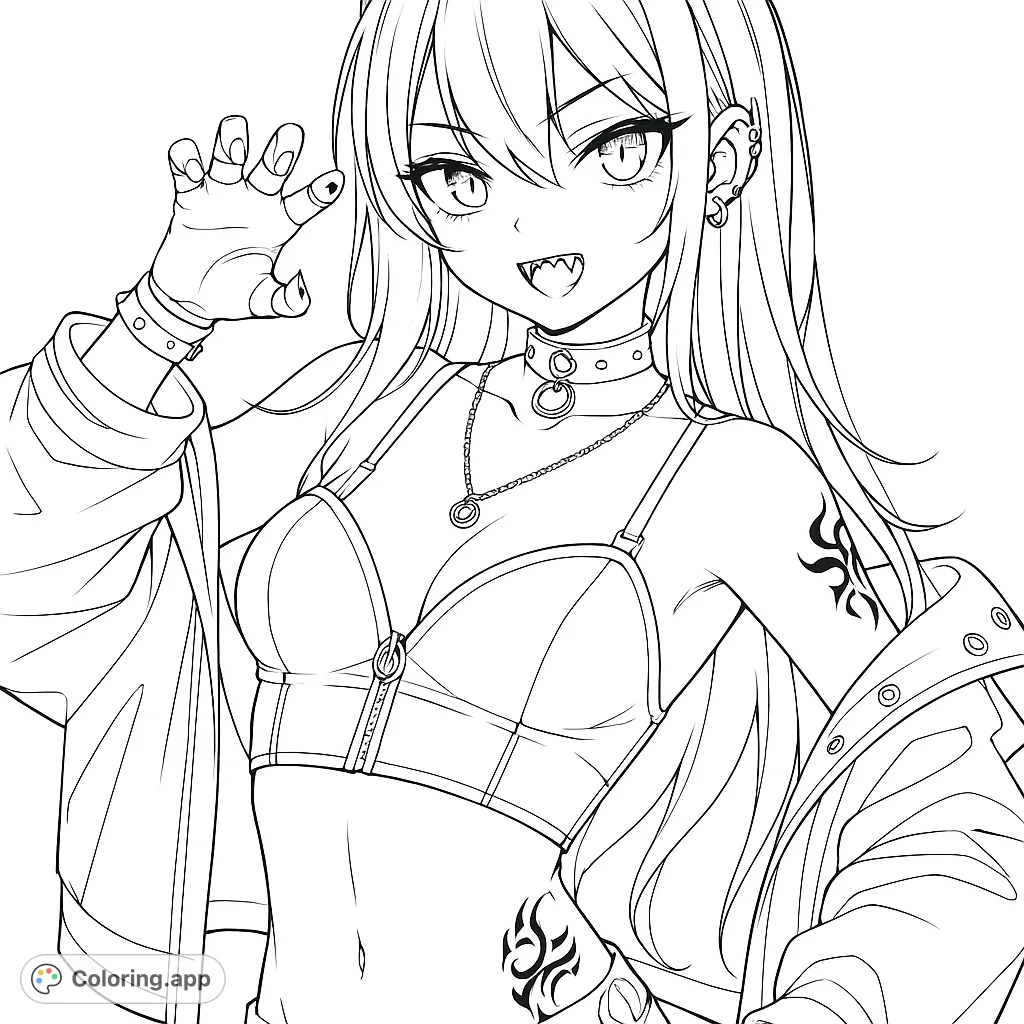 Color this fierce anime character with streaked hair, fangs, and punk-inspired accessories. Perfect for fans of alternative fashion and detailed designs.