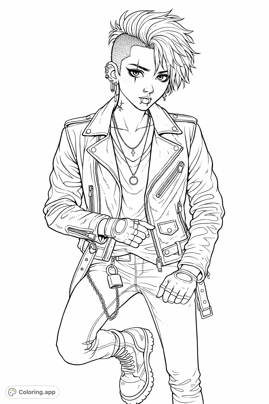 An edgy character portrait featuring a punk-inspired individual with extensive piercings, a sleek leather jacket, chains, and distinctive hair, perfect for detailed coloring.